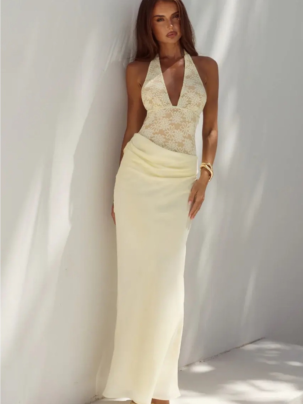 Lina Halter Draped Maxi Dress- Lemon